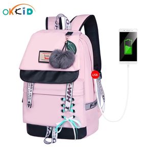 OKKID Dzieci Torby szkolne dla dziewcząt Cute Różowy Plecak Torba Koreański Styl Bowknot Fur Ball Girl Bookbag 211021