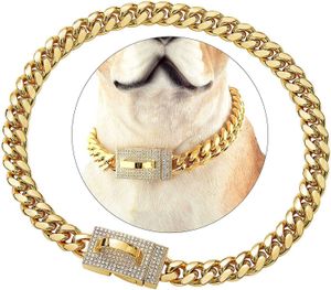 Cuba Dog Chain Belt Collars Full Diamond Buckle Collar Stainless Steel Gold Pet Necklace 10mm 14mm Crystal Golden Necklaces