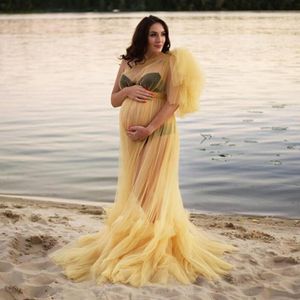 Abiti da maternità africani gialli per servizio fotografico o baby shower Ruffle Tulle Chic Women Prom Gowns Ruffles One Shoulder Photography Robe Abiti da festa