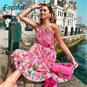 Foridool Sleevels Halter Maxi Summer Dress for女性のセクシーな背中のレスビーチピンクのBoho Robe Femmeレースアップサンドレス花ドレス220311