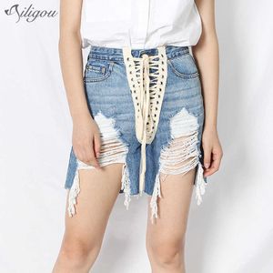 Sommar mode streetwear cutout designer stil lace-up ripped denim damer jeans byxor 210527