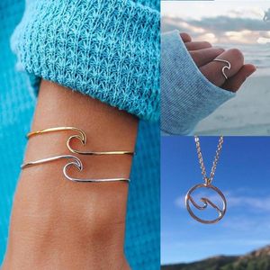 Cuff Simple And Exquisite Thin Wave Circle Beach Sea Surf Island Jewelry Three-piece Necklace Bracelet Ring Set