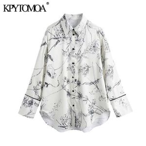 KPYTOMOA KVINNA FASHION Floral Print Loose Asymmetric Blusar Vintage Långärmad Button-Up Kvinnor Blusas Chic Toppar 210721