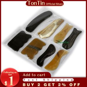 8 pçs / set tradicional ACUPUNCTE MASSAGE Ferramenta Guasha Kit 100% Yellow Ox Horn Buffalo Chift Gift Gua Sha Gráfico