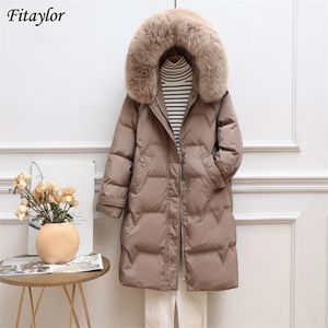 FitAylor inverno grande colarinho de pele real jaqueta de penas com capuz mulheres bubble cuff aquecer casaco casual seta solta outwear 211216