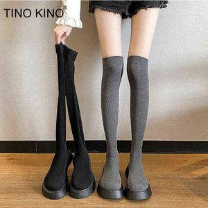 Mulheres sobre as botas do joelho esticar tecido sólido senhoras peúgas botas deslizamento na moda feminino longos botas outono elegante plataforma sapatos H1116