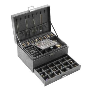Graue 3-lagige Flanell-Schmuck-Organizer-Box für Halsketten, Ohrringe, Ringe, Präsentationsbox für Damen, großes Fassungsvermögen 220309