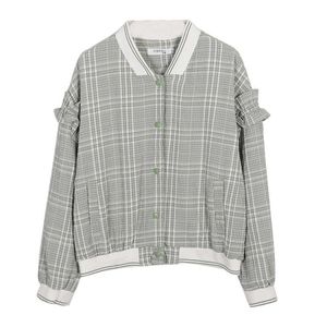 PERHAPS U Women White Green Plaid Sport Bomber Jacket Ruffle Button Casual C0158 210529