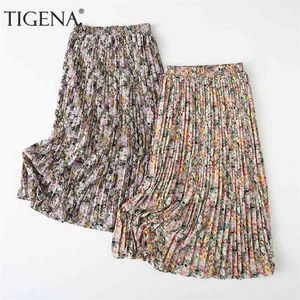 Tigena vintage plissado maxi saia mulheres moda verão casual feriado floral chiffon cintura alta cintura longa feminina 210621