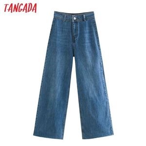 Tangada Frauen Mode Dunkelblau Breite Bein Jeans Vintage Hohe Taille Zipper Fly Denim Weibliche Denim Hosen 4M64 210609