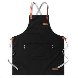 Leinwand Baumwolle Kochen Unisex Küchenschürze für Frau Männer Chef Leder Kellner Cafe Shop BBQ Friseur Uniform Lätzchen 210622