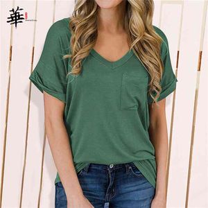 高品質のトップスの基本的なプレーンシャツのための女性の特大のTシャツトップヒョウポケットプラスサイズの服女性Tシャツ210623
