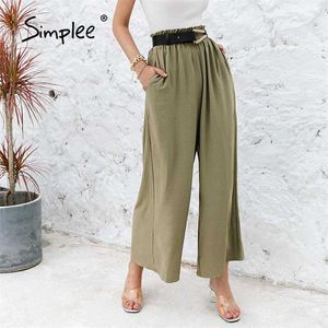 Katı Renk Yüksek Bel Geniş Bacak Pantolon Gevşek Rahat Yaz Pantolon Klasik Ruffled Yumuşak Uzun Kadın Altları 211008