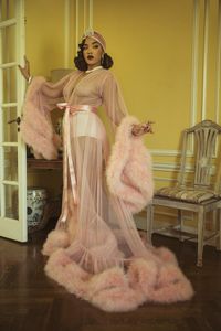 Pink Kinono Sleepwear Gowns Prom Dresses Feather Maternity Robes Women Photoshoot Bathrobe Fluffy Party Custom Made