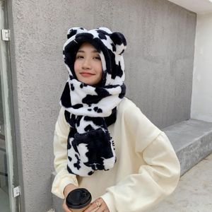 Scarves Cute Bear Ear Hat Scarf Gloves Set Winter Women Novelty Warm Casual Plush Leopard Cap Solid Girls Accessories