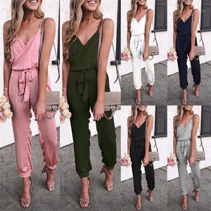 Women's Jumpsuits & Rompers Casual Summer Jumpsuit Women Solid Loose Sleeveless V-neck Jump Suit Black Ladies Clothes Lace Up Overalls