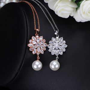Elegant Snow Shaped AAA Zircon Pearl Long Necklace Choker Necklace for Women Pearl Jewelry Sterling Silver Necklaces 925 Gift Q0531