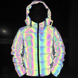 Detachable Hooded Reflective Jacket Loose Glowing Parka Winter Women Luminous Casual Coat padded Hoodies Warm Streetwear 210531