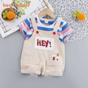 Bear Leader Boys Girls Casual Clothing Sets Fashion Baby Striped T-shirt and Suspender Pants Outfit Children Summer Clothes 1-4Y 210708