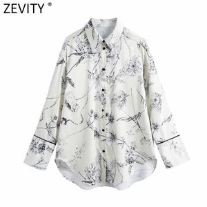 Zevity Mulheres Moda Tinta Flor Flor Casual Solta Smock Blusa Escritório Senhora Surpreenda Colarinho Camisas Chic Blusas Tops LS7618 210603