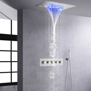 Set doccia in nichel spazzolato con getto palmare termostatico LED a cascata e pioggia da 14 x 20 pollici. Tutte le funzioni possono funzionare insieme