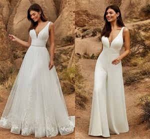 Abiti da sposa da spiaggia Tuta da treno staccabile Tuta da donna Pantalone Appliques di pizzo Abiti da sposa bohémien con perline Vestido De Noiva