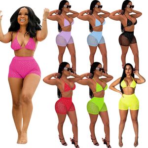 Mulheres Swimwear Summer Sport Sexy Short Net Lantejoulas Splicing Backless Elastic Bodycon Suspender Calças Terno ZHS