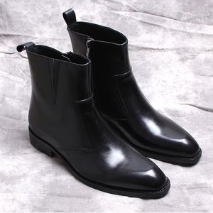 Markenmänner Chelsea Boots Schuhe echte Kuhleder lässige Gummi -Außensohle Schwarze Reißverschluss Hochzeit schwarzer Absatz für Männer männlich