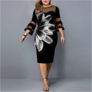 Kobiet Plus Size Dresses Casual Flower Print Mesh Patchwork Midi Lace 3/4 Rękaw Party Summer Sukienka na odzież ślubna