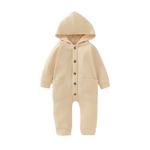 2020Baby Spring Autumn Clothing Newborn Infant Baby Boy Girls Kid Solid Long Sleeve Hooded Button Pockets Romper Winter Warm 1723 B3