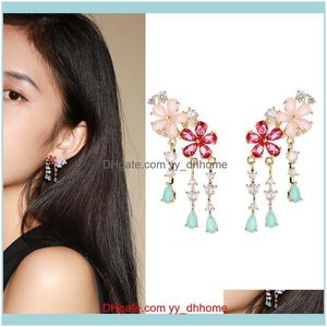 Dangle Chandelier Jewelrykorea S925 igła z cyrkonem Sier Candy Kolor Protein Zielone różowe kolczyki kwiatowe