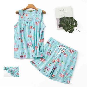 Vår och sommar pyjamas 100% bomull Sleepwear kostym Kvinnor Casual Pajama Set Cartoon Vest Shirt + Shorts Plus Size 210809