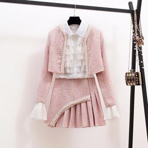 Autumn Winter Fashion Ladies Dress Suits Elegant Ruffles White Blouses + Beaded Short Jackets Tweeds Mini Skirts Women 3 Pcs Set