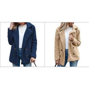 Damenjacken 2 Stück Herbst Winter Knopf Revers Lose Pullover Strickjacke Schafkuchen Wollmantel Frauen M, Dunkelblau Khaki