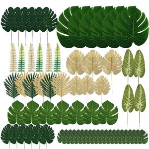 60pcs Artificial Tropical Palm Leaves Hawaiian Luau Party Summer Jungle Theme Party Decoration Wedding Birthday Home Table Decor 211216