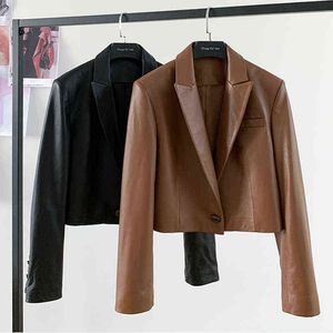 Nerazzurri Brown cropped leather jacket women long sleeve Leather blazers Spring black soft light faux leather top for women xxl 211118