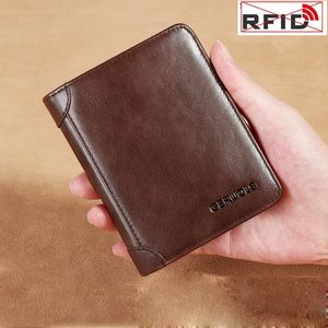 Male Purse Money Bag Genuine Leather Vertical Short Anti Theft Blocking Holder Wallets