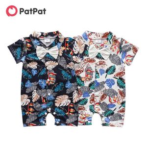 Sommar Baby Leaf Print Bow Tie Short-Sleeve Romper 210528