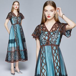 Novo 2021 Moda Petal Sleeve Runway Vestidos Plus Size Summer Outono Mesh Ver através de Mulheres Slim Mulheres Roupas Escritório Senhoras Designer Dress