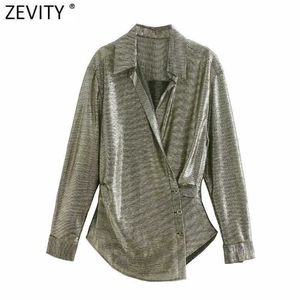 Zevidade Mulheres Vintage Desligado Collar Metal Cor Irregular Smock Blusa Feminino Retro Kimono Camisas Chic Blusas Tops LS7655 210603