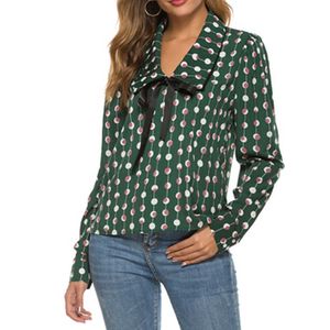 Z długim rękawem Szyfonowa Polka Dot Drukowana Bluzka Dla Kobiet Wiosna Biuro Panie Zielony Retro Wear Wear Koszula Plus Size S XL TOPS 210527