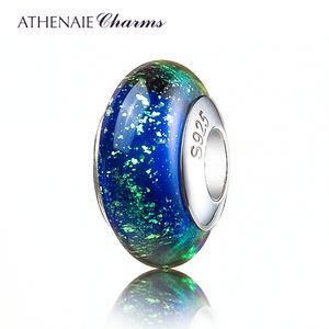 ATHENAIE Genuino Vetro di Murano 925 Argento Nucleo Oro Sabbia Charms Bead Adatto a tutti i braccialetti europei Colore Blu Regalo per il giorno di Natale Q0531