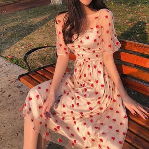 Dresses Summer Gentle Sweet Square Neck Puff Short Sleeve Embroidered Cherry Mesh Dress Women Vestido Feminino Patchwork 210610