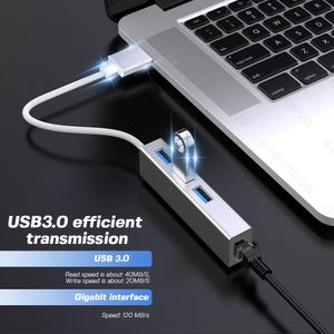USB Gigabit Ethernet Adaptador 3 Portas USB 3.0 Hub USB para RJ45 LAN Cartão de rede para MacBook Mac Desktop + micro carregador