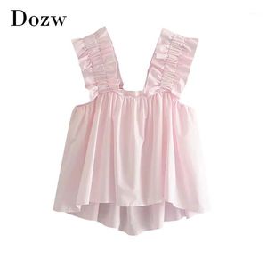 Women Sweet Pink Ruffled Blouses 2021 Summer Sleeveless Asymmetrical Top Solid Color Chic Cotton Blouse Shirt Blusas Women's & Shirts