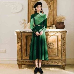 Vestidos Maxi Vintage Long Women Dress Mid-calf Shirt with Sashes Office Lady Fit and Flare Spring Green 210603