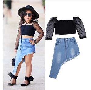 2021 Moda Toddler Bebek Çocuk Kız Giysileri Set Siyah Polka Dot Dantel Kollu Kırpma Üst + Düzensiz Uzun Denim Etek Kıyafetler Setleri 2 adet