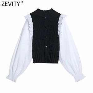 Zevity Women Vintage Puff Sleeve Patchwork Short Slim Knitting Shirt Femme Ruffles Elastic Kimono Blouse Roupas Chic Tops LS9069 210603