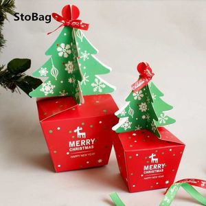 Stobag 20pcs 6x6x6.5cmクリスマスツリースタイルのベーキングボックスを祝うベビーシャワーパーティークッキーパック幸せな年ギフト装飾210602