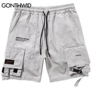 Gonthwid Side Camle Multi kieszenie szorty ładunkowe Męskie Moda Casual Krótkie spodnie Streetwear Hip Hop Elastyczne spodnie w pasie 210716